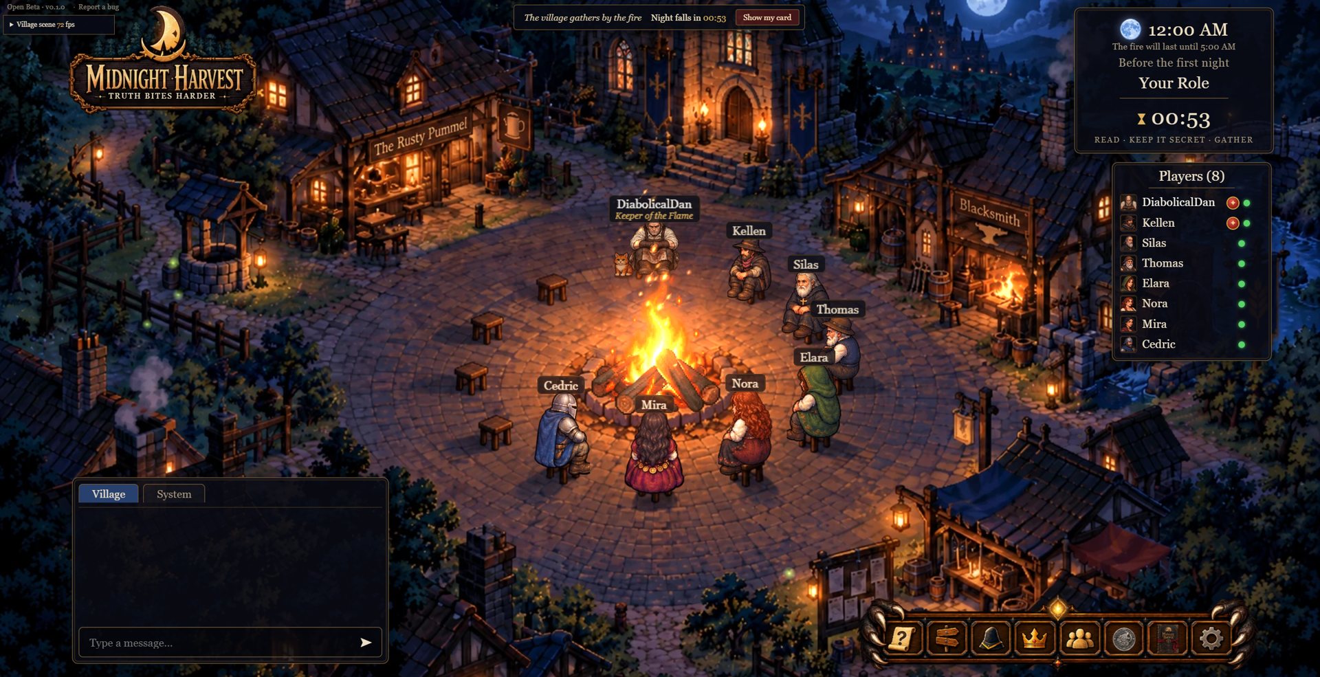 Midnight Harvest gameplay: eight players seated around a bonfire in a pixel-art village square at midnight, with chat and player list panels